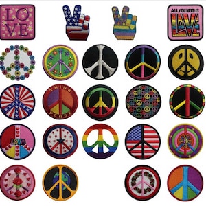 May include: A collection of embroidered patches with peace symbols and related designs. The patches feature various colors, including red, white, blue, yellow, and green. Some patches have text, such as "LOVE" and "ALL YOU NEED IS LOVE".