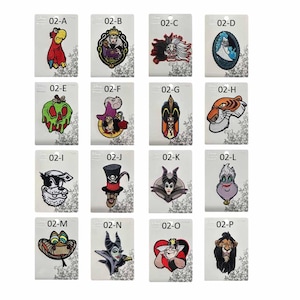 May include: A collection of embroidered patches featuring various cartoon characters. Each patch is on a white card with the code "02-" followed by a letter. The patches depict characters in vibrant colors, including a parrot, a queen, and a lion.