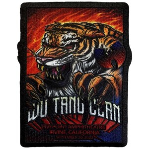 May include: Embroidered patch featuring a snarling tiger with orange and black stripes against a fiery red background. The patch includes the text "WU TANG CLAN" and event details: "FIVEPOINT AMPHITHEATRE, IRVINE, CALIFORNIA, SEPTEMBER 30, 2022."