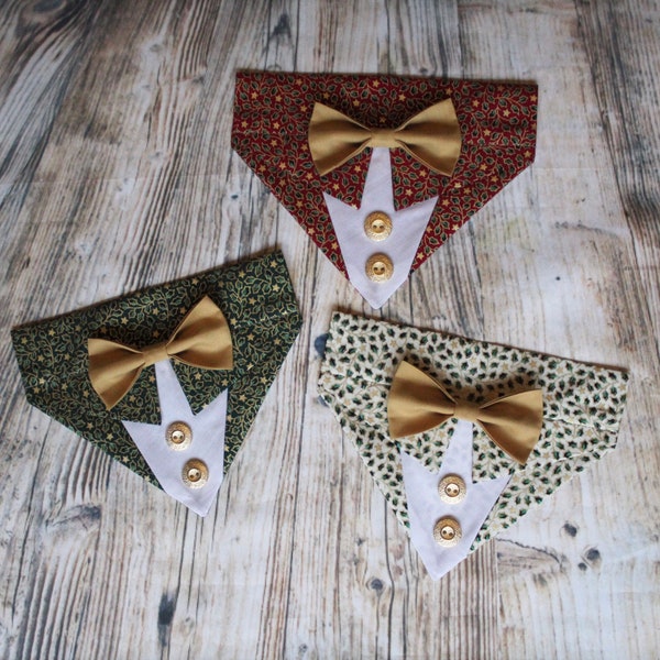 Christmas Holly Golden Holiday Celebration Tuxedo Suit Bow tie Handmade Collar Slip on Dog Pet Bandana Made to Order Only