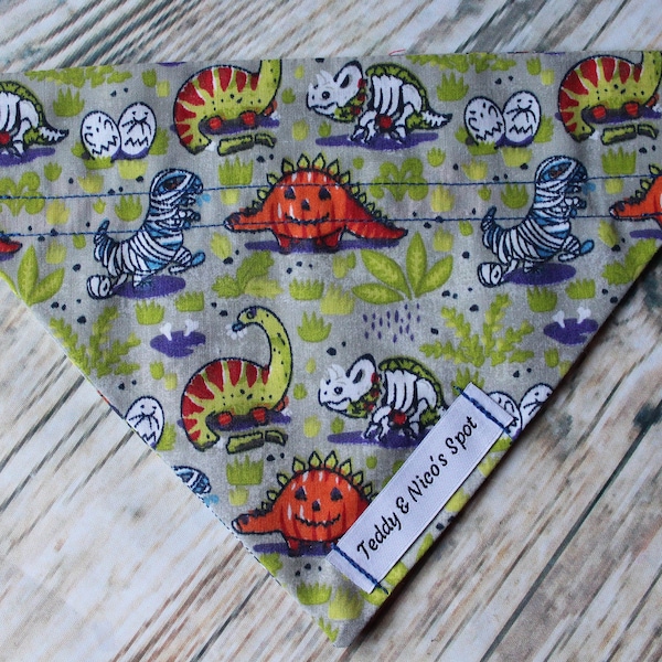 Zombie Skeleton Mummy Halloween Dinosaur Print Handmade Collar Slip On Dog Bandana