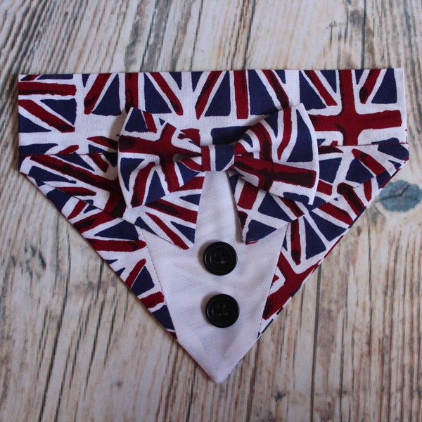 Couronnement Union Jack Grande-Bretagne Royaume-Uni fête célébration smoking costume noeud papillon collier fait main sans lacet chien bandana pour animal de compagnie sur commande uniquement