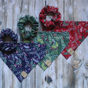 Christmas Holly Forest Leaves Print Handmade Collar Slip On Dog Bandana Matching Owner Scrunchie