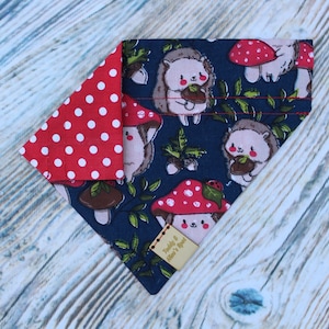 May include: A blue and red fabric dog bandana with a pattern of hedgehogs and mushrooms. The bandana has a red polka dot trim and a brown tag that says "Teddy & Max's Shop".