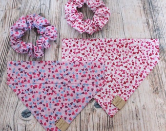 Ditsy Heart Valentine Confetti Love Print Handmade Collar Slip On Dog Bandana Matching Owner Scrunchie