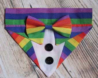 Rainbow Multicolour Pride Party Celebration Tuxedo Suit Bow tie Handmade Collar Slip on Dog Pet Bandana Made to Order Only