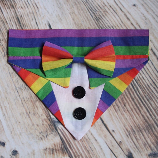 Rainbow Multicolour Pride Party Celebration Tuxedo Suit Bow tie Handmade Collar Slip on Dog Pet Bandana Made to Order Only