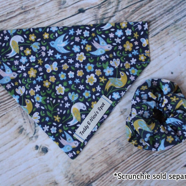Floral Forest & Birds Print Handmade Collar Slip On Dog Bandana Matching Owner Scrunchie