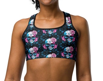 Trans Pride Skull & Roses Sports Bra: MTF Grunge Style