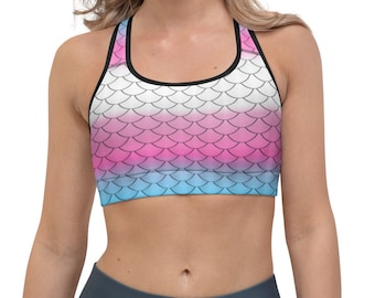 Transgender Mermaid Sports Bra - Trans Pride Flag Colors Mermaid Scales Boho Sports Bra - MTF FTM Trans Mermaid Fish Sports Bra