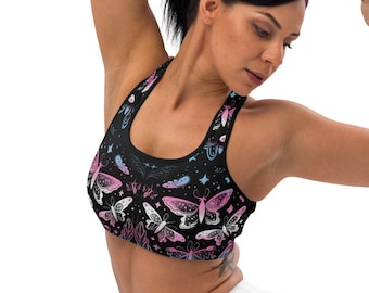 Transgender Celestial Butterflies Sports Bra, Trans Pride Flag Colors Boho Witchy Butterfly Stars Sports Bra, MTF Trans Sports Bra