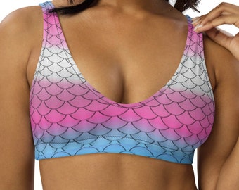 Reggiseno bikini imbottito ecologico da sirena transgender - Reggiseno bikini con squame di sirena e colori della bandiera dell'orgoglio trans - Reggiseno bikini da sirena trans MTF FTM