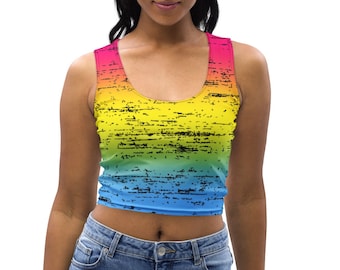 Pansexuell Crop Top med sliten passform, Pan Pride Flag Colors Boho Ombre Linne Crop Top, Hjärtan, inte delar Pan Crop Top