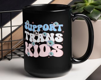 Support Trans Kids Black Glossy Mug, Transgender Pride Ally Groovy Retro Coffee Mug, MTF FTM Protect Trans Kids Mug