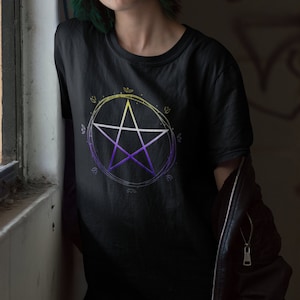 Nonbinary Pentagram TShirt - NB Enby Pride Pentacle TShirt - Wiccan Pagan Halloween Nonbinary Pride Flag Short-Sleeve Unisex T-Shirt