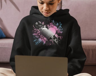 Trans Pride Flag Heart Floral Hoodie: Unisex Boho Sweatshirt
