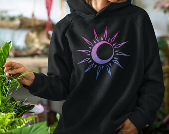 Bisexual Celestial Sun Moon Hoodie - Bi Pride Flag Colors Spiritual Yoga Unisex Hoodie - Bisexual Hippie Boho Lunar Hoodie