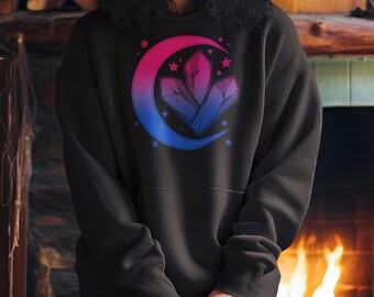 Bisexual Pride Hoodie: Celestial Crystal Moon Unisex Sweatshirt