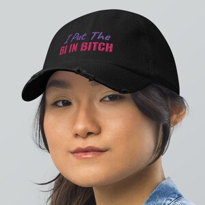 Distressed Bisexual Meme Baseball Cap - I Put The Bi in Bitch Bi Pride Colors Pun Baseball Hat - Funny Bisexual Baseball Cap