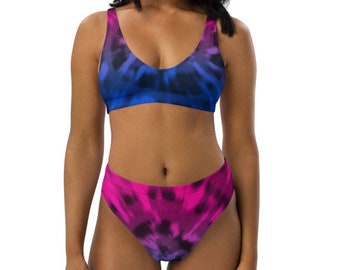 Bikini a vita alta Bisexual Tie Dye Eco - Bikini Boho Hippie Tie Dye con colori della bandiera Bi Pride - Bikini Bisexual rosa blu viola