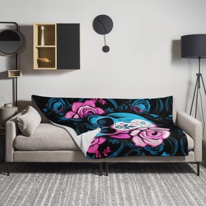 Transgender Skull Throw Blanket, Trans Pride Flag Colors Soft Touch Floral Roses Grunge Style Skull Blanket