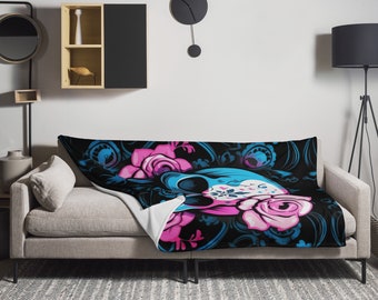 Manta con calaveras transgénero, colores de la bandera del orgullo trans, suave al tacto, rosas florales, estilo grunge