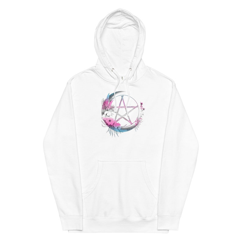 Transgender Pentagram Unisex Midweight Hoodie, Trans Pride Flag Colors Boho Floral Pentacle Hoodie, MTF FTM Hippie Witch Moon Hoodie