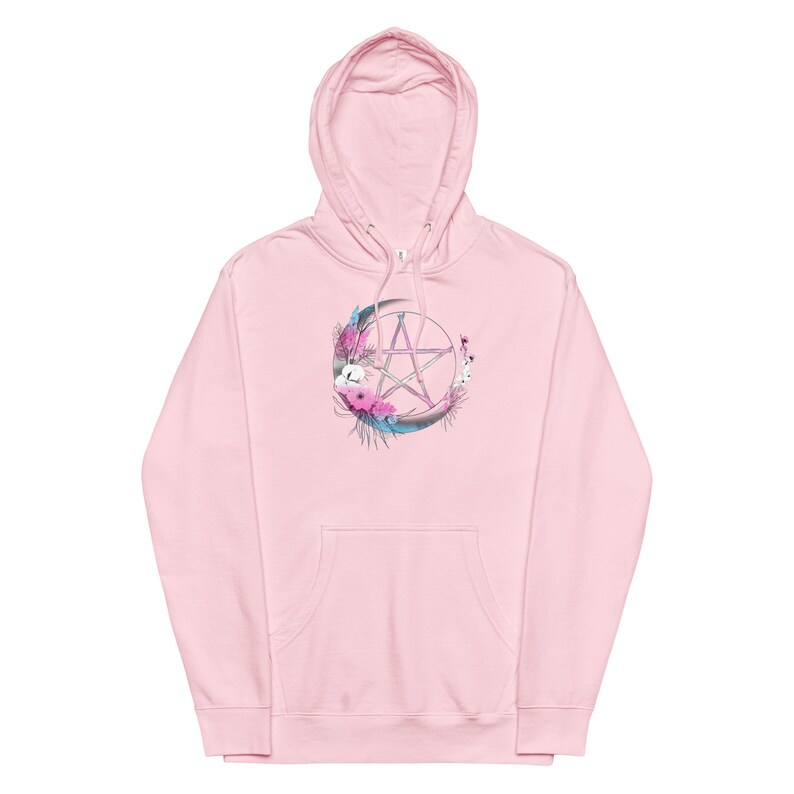 Transgender Pentagram Unisex Midweight Hoodie, Trans Pride Flag Colors Boho Floral Pentacle Hoodie, MTF FTM Hippie Witch Moon Hoodie