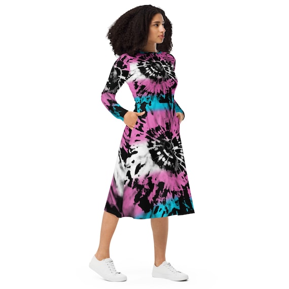 Transgender Tie Dye Long Sleeve Midi Dress - Trans Pride Flag Boho Hippie Tie Dye Dress - MTF FTM Trans Tie Dye Dress