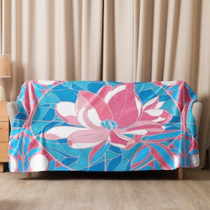 Transgender Stained Glass Lotus Sherpa Blanket, Trans Pride Flag Colors Stain Glass Art Boho Floral Throw Blanket