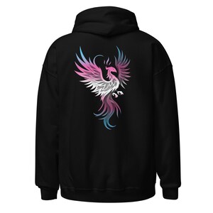 Transgender Phoenix Bird Rise From Ashes Unisex Hoodie Back Print, Trans Pride Colors Fantasy Mystical Phoenix Hoodie, MTF FTM Pride Hoodie