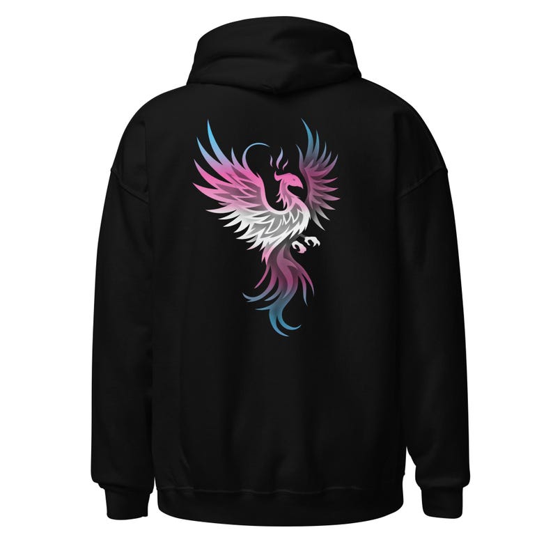 Transgender Phoenix Bird Rise From Ashes Unisex Hoodie Back Print, Trans Pride Colors Fantasy Mystical Phoenix Hoodie, MTF FTM Pride Hoodie