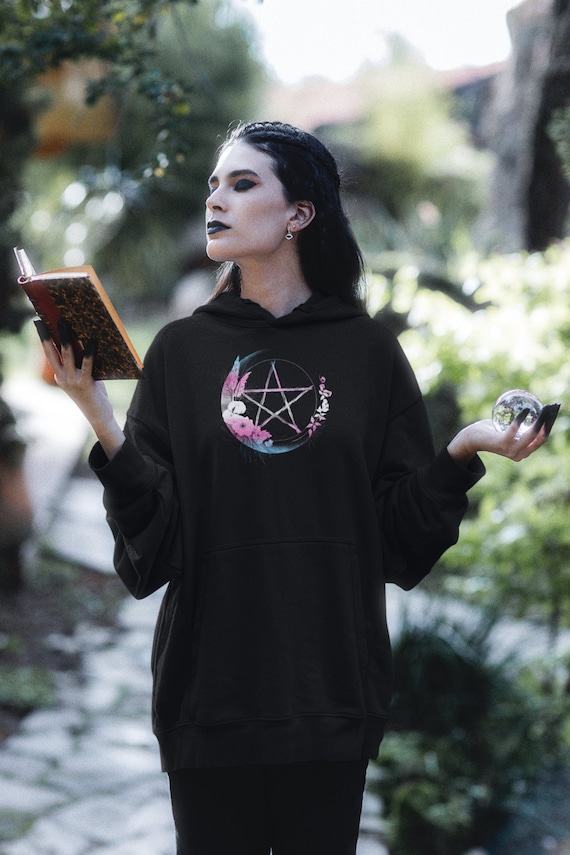 Transgender Pentagram Unisex Midweight Hoodie, Trans Pride Flag Colors Boho Floral Pentacle Hoodie, MTF FTM Hippie Witch Moon Hoodie