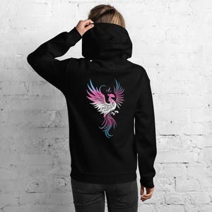 Transgender Phoenix Bird Rise From Ashes Unisex Hoodie Back Print, Trans Pride Colors Fantasy Mystical Phoenix Hoodie, MTF FTM Pride Hoodie
