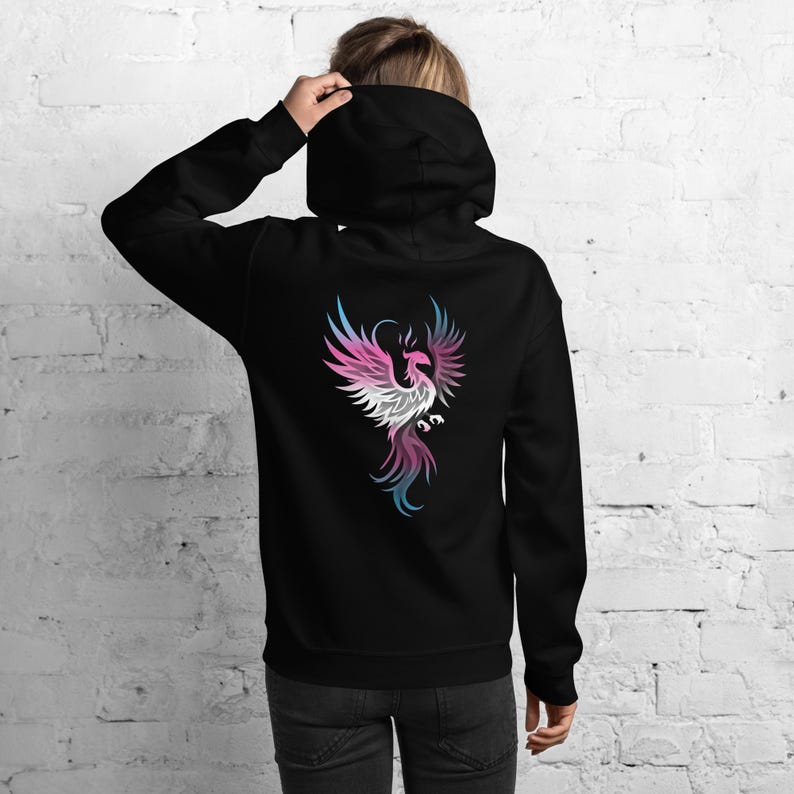 Transgender Phoenix Bird Rise From Ashes Unisex Hoodie Back Print, Trans Pride Colors Fantasy Mystical Phoenix Hoodie, MTF FTM Pride Hoodie