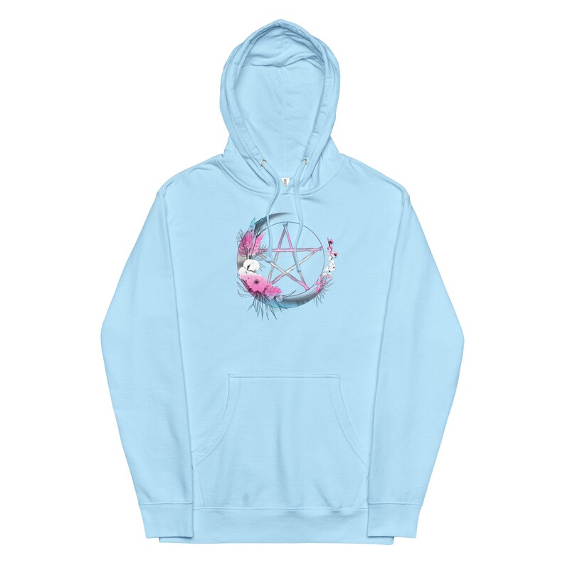 Transgender Pentagram Unisex Midweight Hoodie, Trans Pride Flag Colors Boho Floral Pentacle Hoodie, MTF FTM Hippie Witch Moon Hoodie