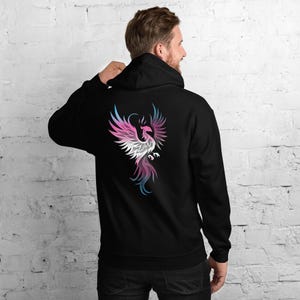 Transgender Phoenix Bird Rise From Ashes Unisex Hoodie Back Print, Trans Pride Colors Fantasy Mystical Phoenix Hoodie, MTF FTM Pride Hoodie