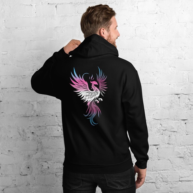 Transgender Phoenix Bird Rise From Ashes Unisex Hoodie Back Print, Trans Pride Colors Fantasy Mystical Phoenix Hoodie, MTF FTM Pride Hoodie