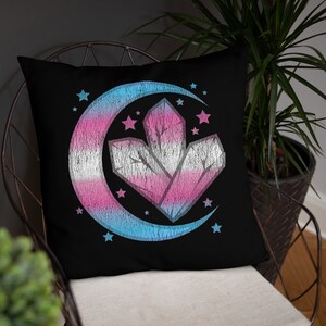 Distressed Transgender Celestial Moon Crystals Throw Pillow - Trans Pride Colors Spiritual Hippie Gems Throw Pillow - MTF FTM Trans Pillow