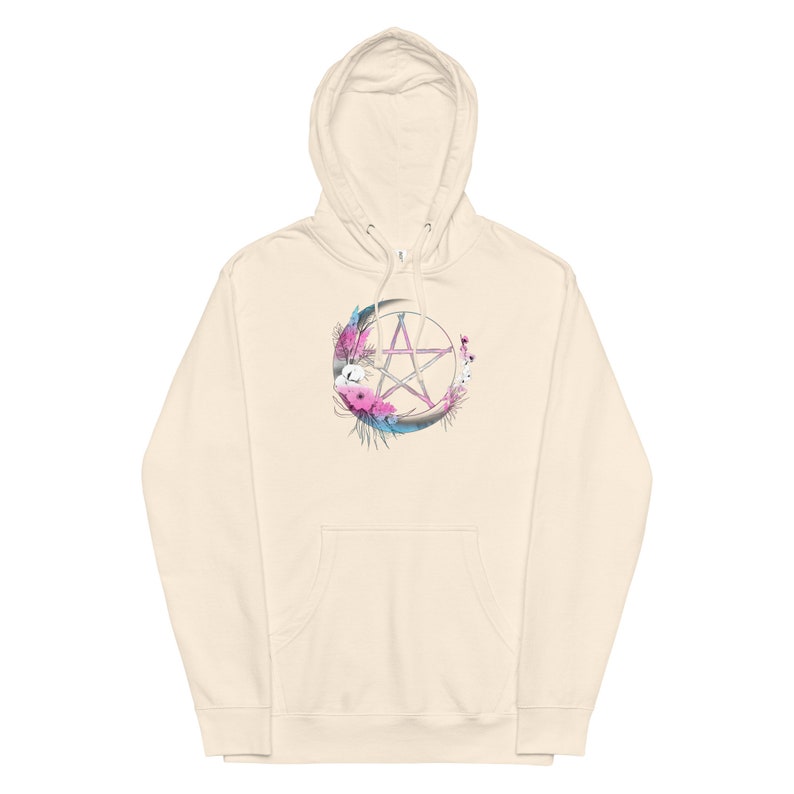 Transgender Pentagram Unisex Midweight Hoodie, Trans Pride Flag Colors Boho Floral Pentacle Hoodie, MTF FTM Hippie Witch Moon Hoodie