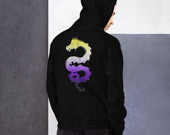 Distressed Nonbinary Dragon Hoodie (Back Design) - NB Enby Pride Flag Colors Japanese Korean Dragon Unisex Hoodie - Gender Bender Hoodie