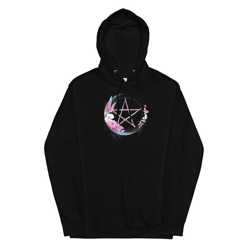 Transgender Pentagram Unisex Midweight Hoodie, Trans Pride Flag Colors Boho Floral Pentacle Hoodie, MTF FTM Hippie Witch Moon Hoodie