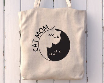 CAT MOM Bag, Yin Yang Bag, Yin Yang Cat Mom Tote Bag, Cats, Canvas Tote Bag, Cotton Bag, Girlfriend Gift, New Year Gift, Christhmas gift