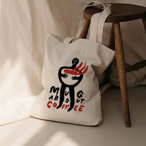 MUG ABOUT COFFEE Bag, Coffee Bag, Coffee Tote Bag, Coffee Gift, Cool Tote Bag, Bohemian Bag, Retro Bag, Vintage Bag, Coffee Cup Bag