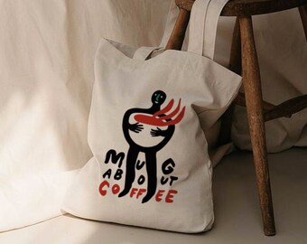 MUG ABOUT COFFEE Bag, Coffee Bag, Coffee Tote Bag, Coffee Gift, Cool Tote Bag, Bohemian Bag, Retro Bag, Vintage Bag, Coffee Cup Bag