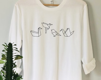 Origami Birds Hoodie Minimal Line Art Long -Sleeve Modern Aesthetic Unisex Cotton