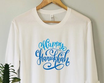 Happy Hanukkah Long Sleeve Shirt, Jewish Holiday Tee Calligraphy Script
