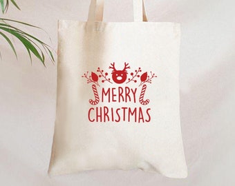 Merry Christmas Tote Bag, Reusable Gift Bag, Cute Reindeer Canvas Tote, Holiday Shopper, Eco Friendly Xmas Sack, Secret Santa Gift