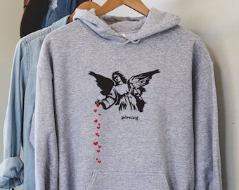 Banksy Angel Hoodie, Graffiti Art Sweatshirt, Fallen Angel with Heart, Urban Streetwear Pullover, Banksy Style Art, Cool Graphic Hoodie,