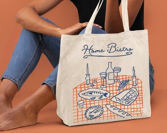 HOME BISTRO Bag,  Kitchen Tote Bag,Cook Tote Bag,Cook bag,Cotton Bag,Dinner Table bag,Fish tote bag,aesthetics bag